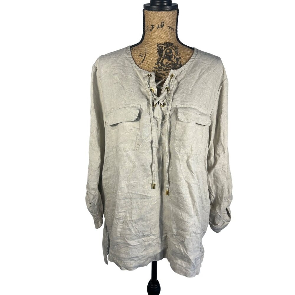 Ellen Tracy Womens Beige Linen Lace-Up Blouse Top With Pockets Size XL Lagenlook